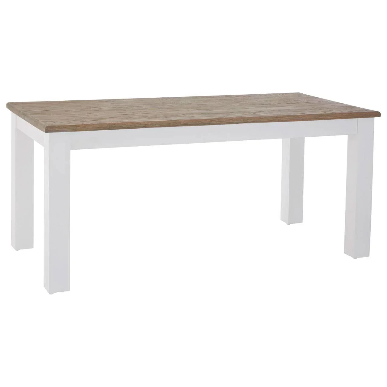 Rectangular dining table with white legs and natural wood top, angled front view