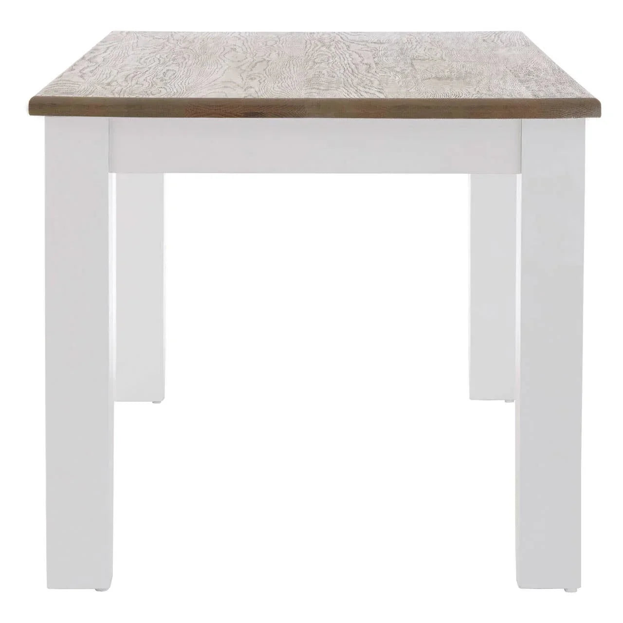 Rectangular dining table with white legs and natural wood top, front angle view