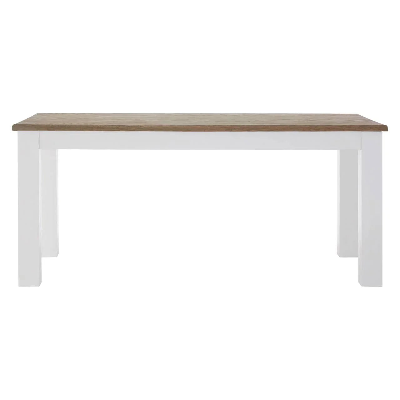 Rectangular dining table with white wooden legs and natural oak top, front view
