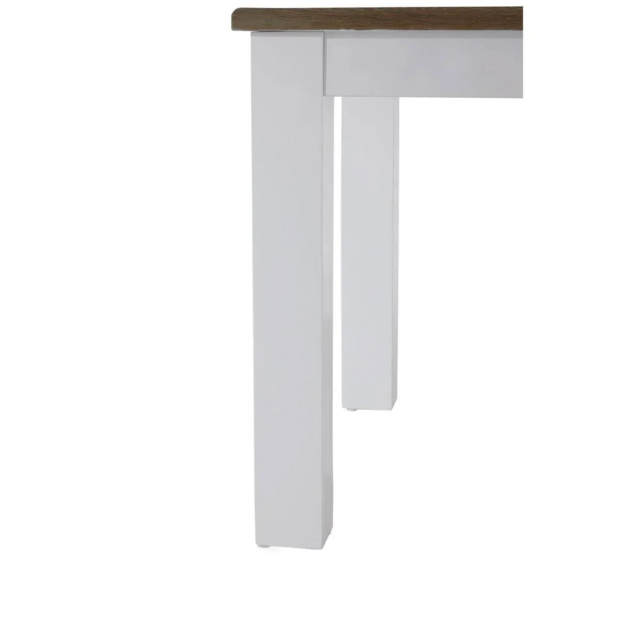 White dining table legs with wood grain tabletop corner detail