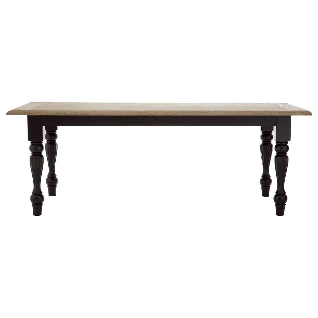 Rectangular dining table with light wood top and black turned legs, front view