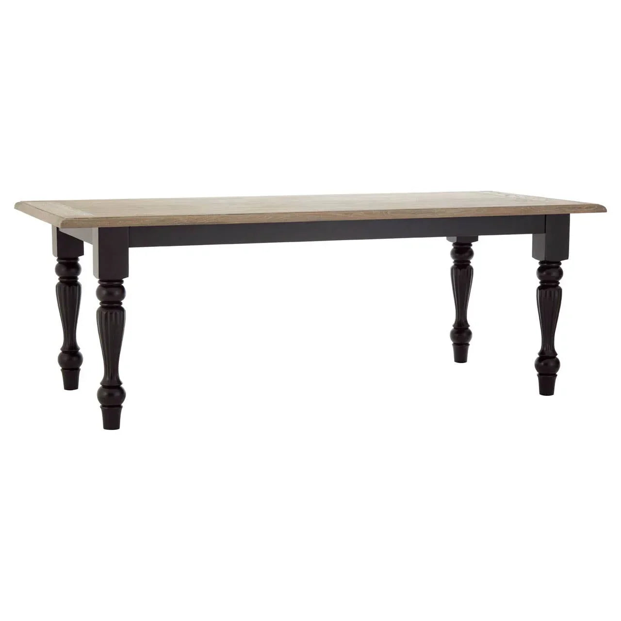 Rectangular wood dining table with light oak top and dark turned legs, front angle view