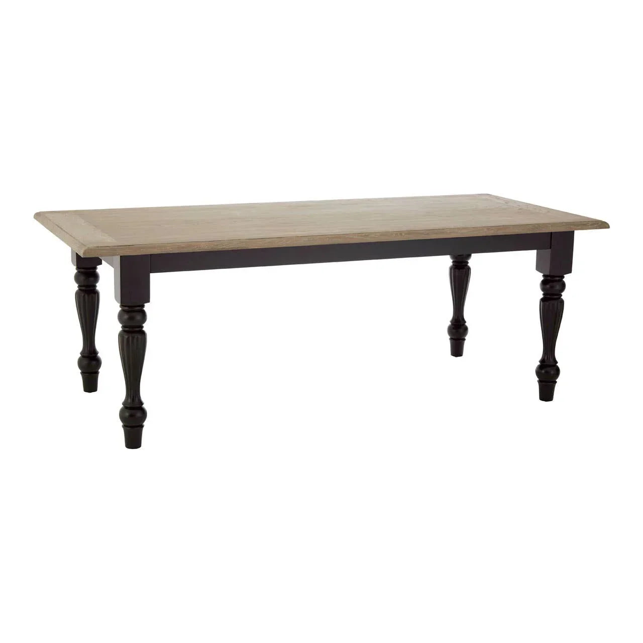 Wooden dining table with light oak top and dark turned legs on white background