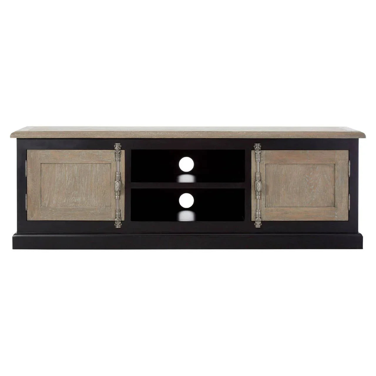 Wood tv unit with black base, two storage cabinets, open shelves, cable holes in back panel