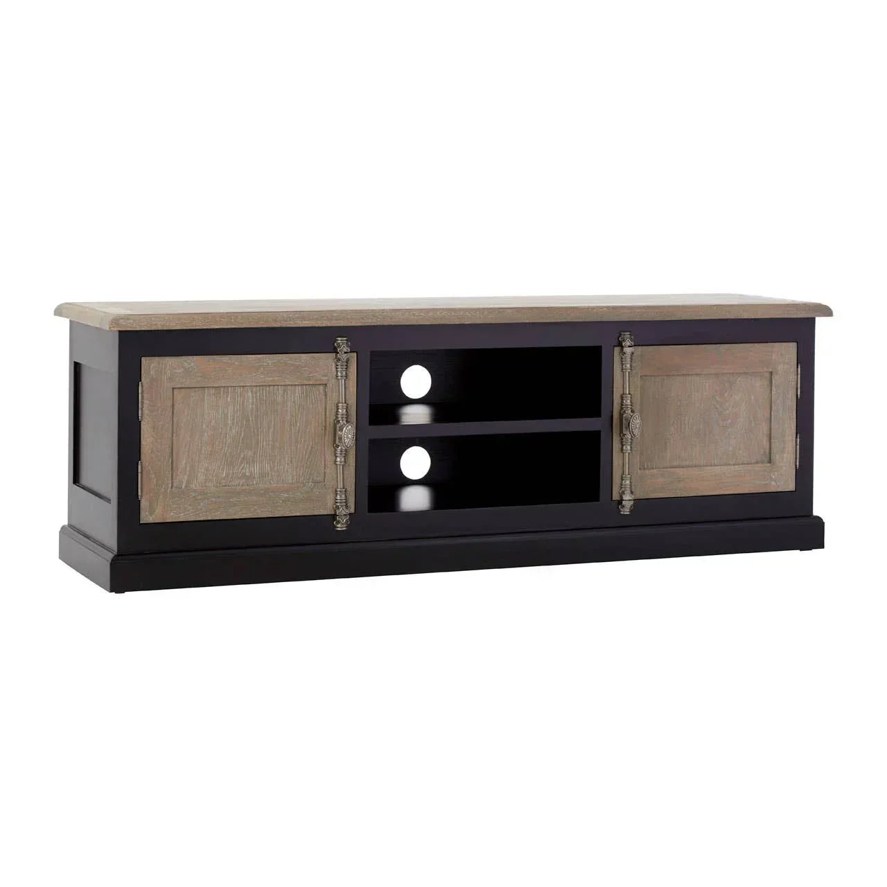 Wooden TV unit with black frame, two storage cabinets, and central open shelves