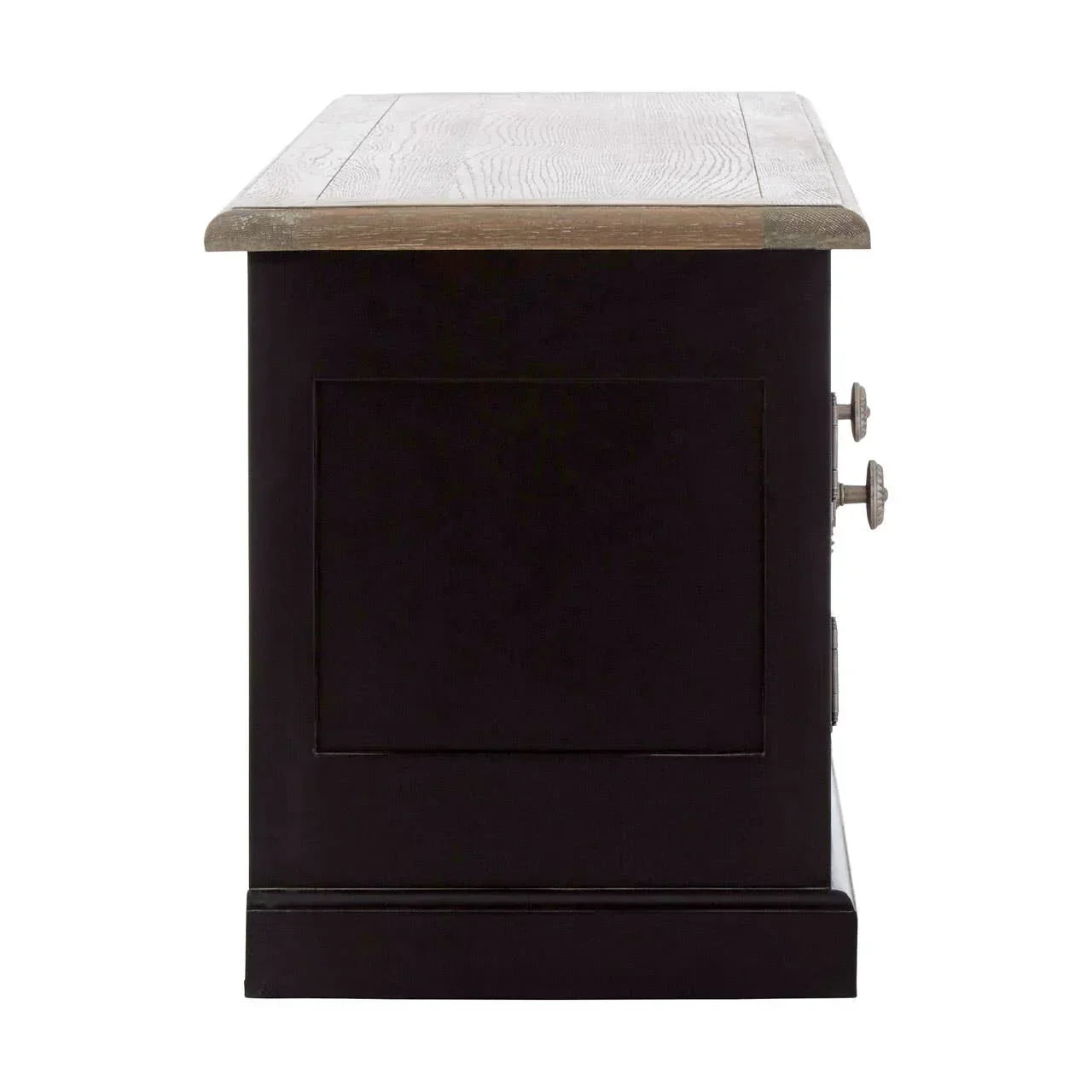 Side view of black wooden sideboard with natural wood top and metal handles