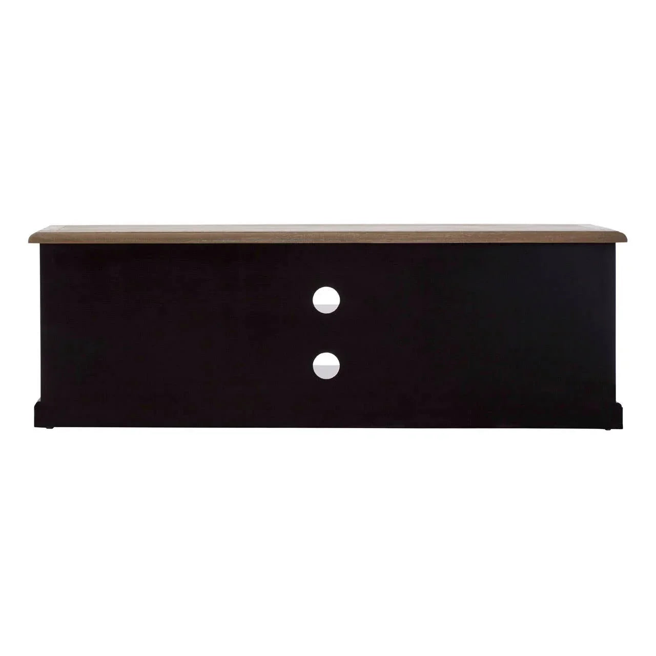 Black wooden TV unit with two circular cable holes and oak effect top, front view