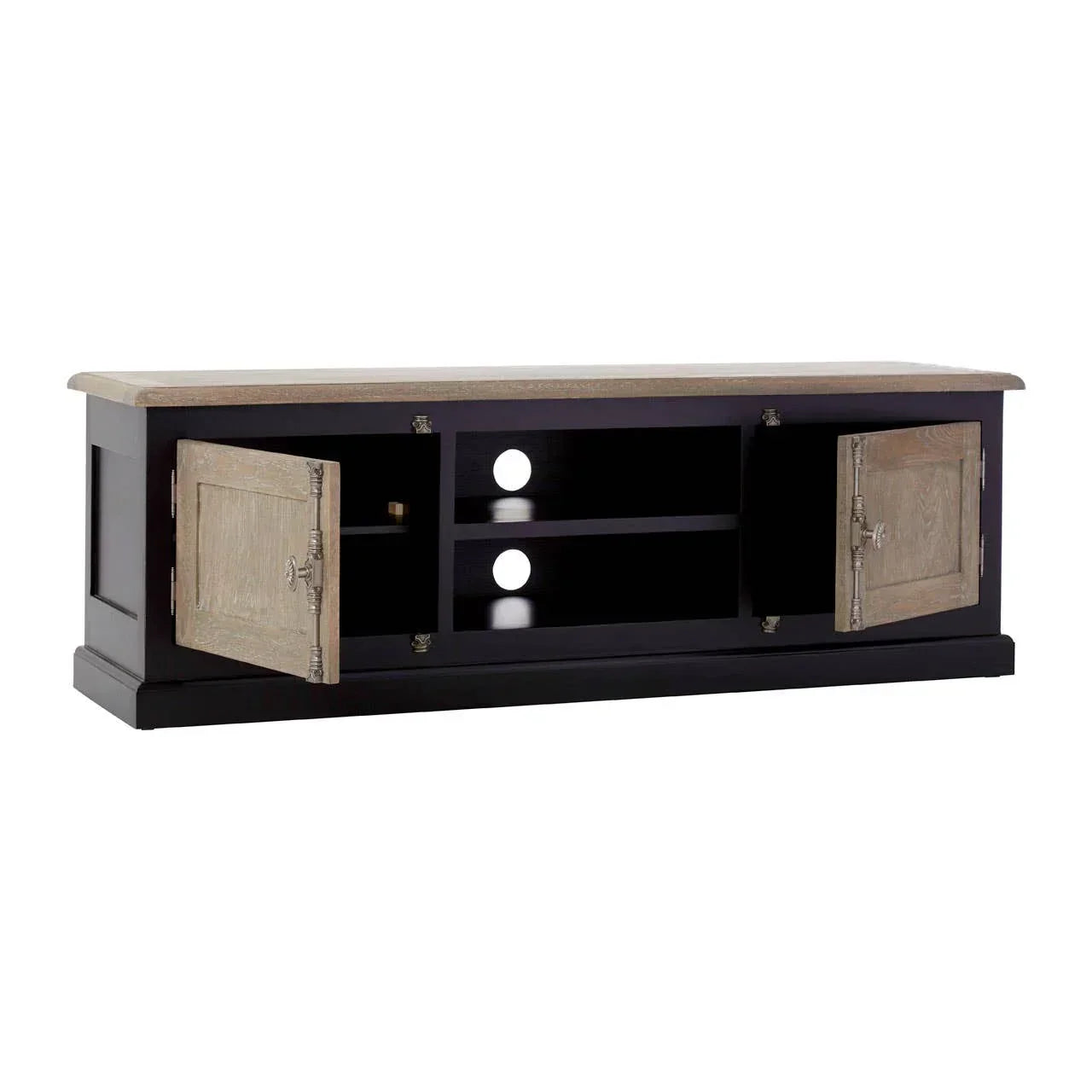 Black wooden TV unit with light wood top, open shelving and two side cupboard doors