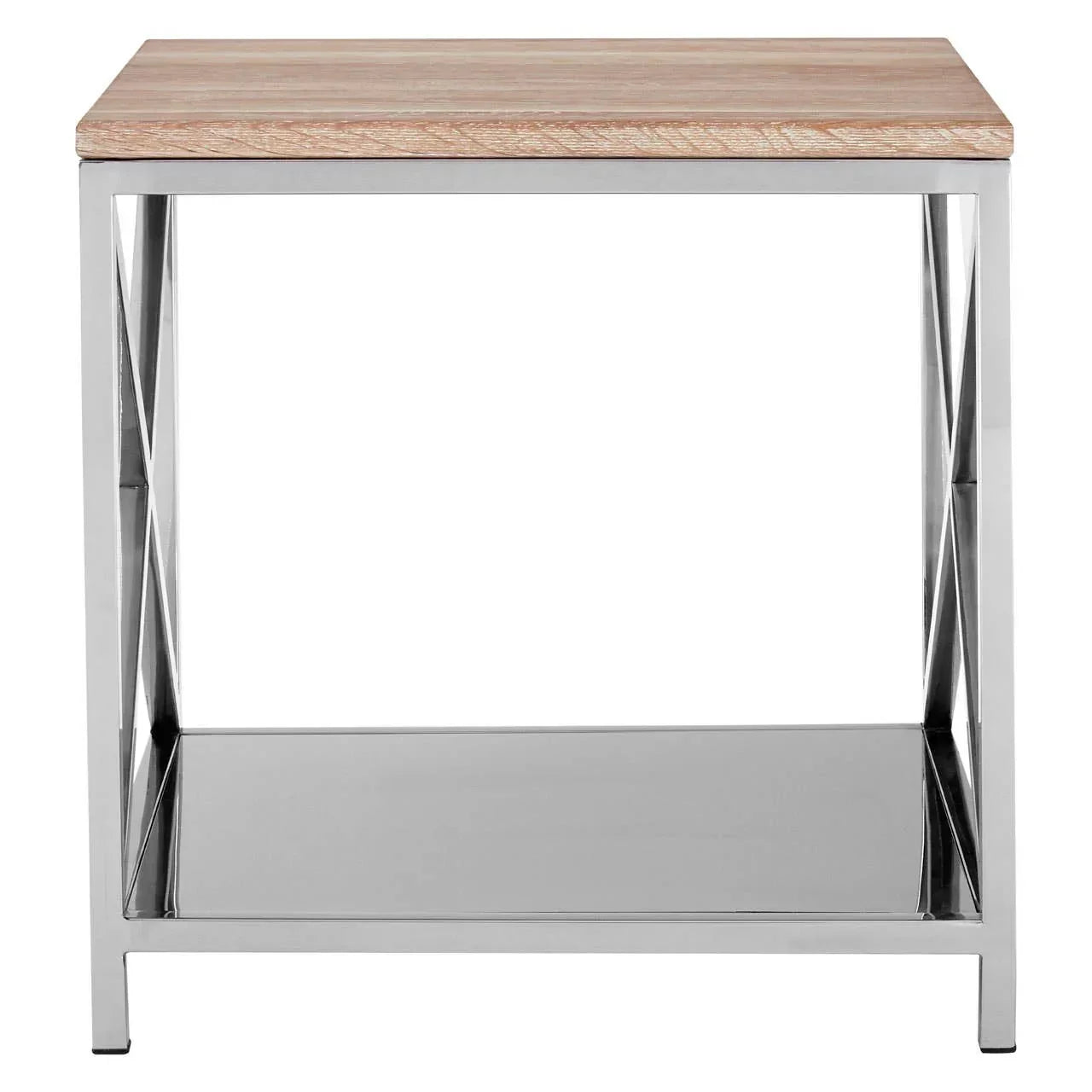 Square side table with light wood top and chrome metal frame, lower mirrored shelf