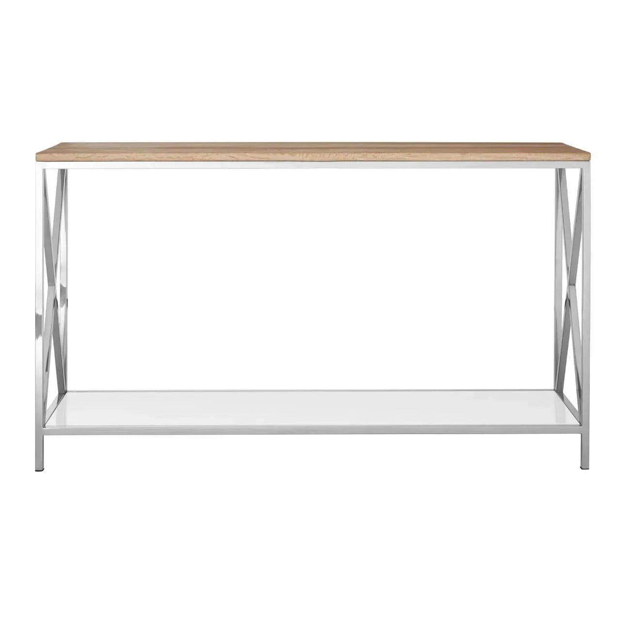 Console table with light wood top and chrome frame featuring geometric side design