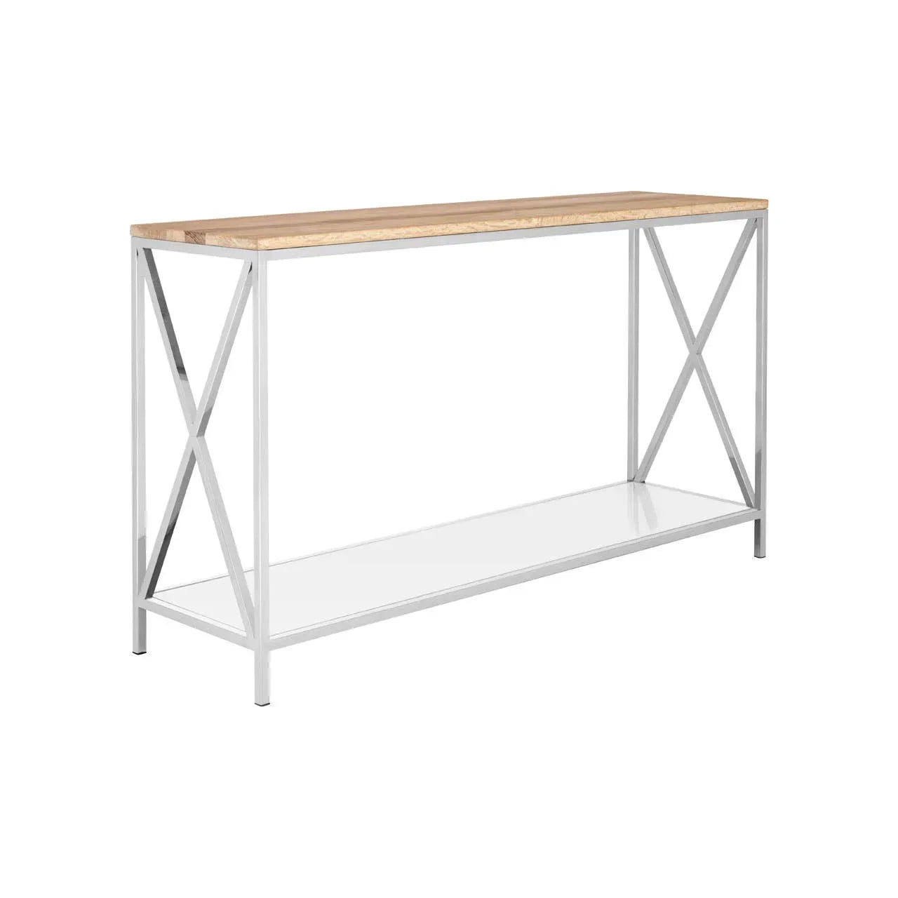 Modern console table with light wood top and chrome metal frame, lower shelf visible