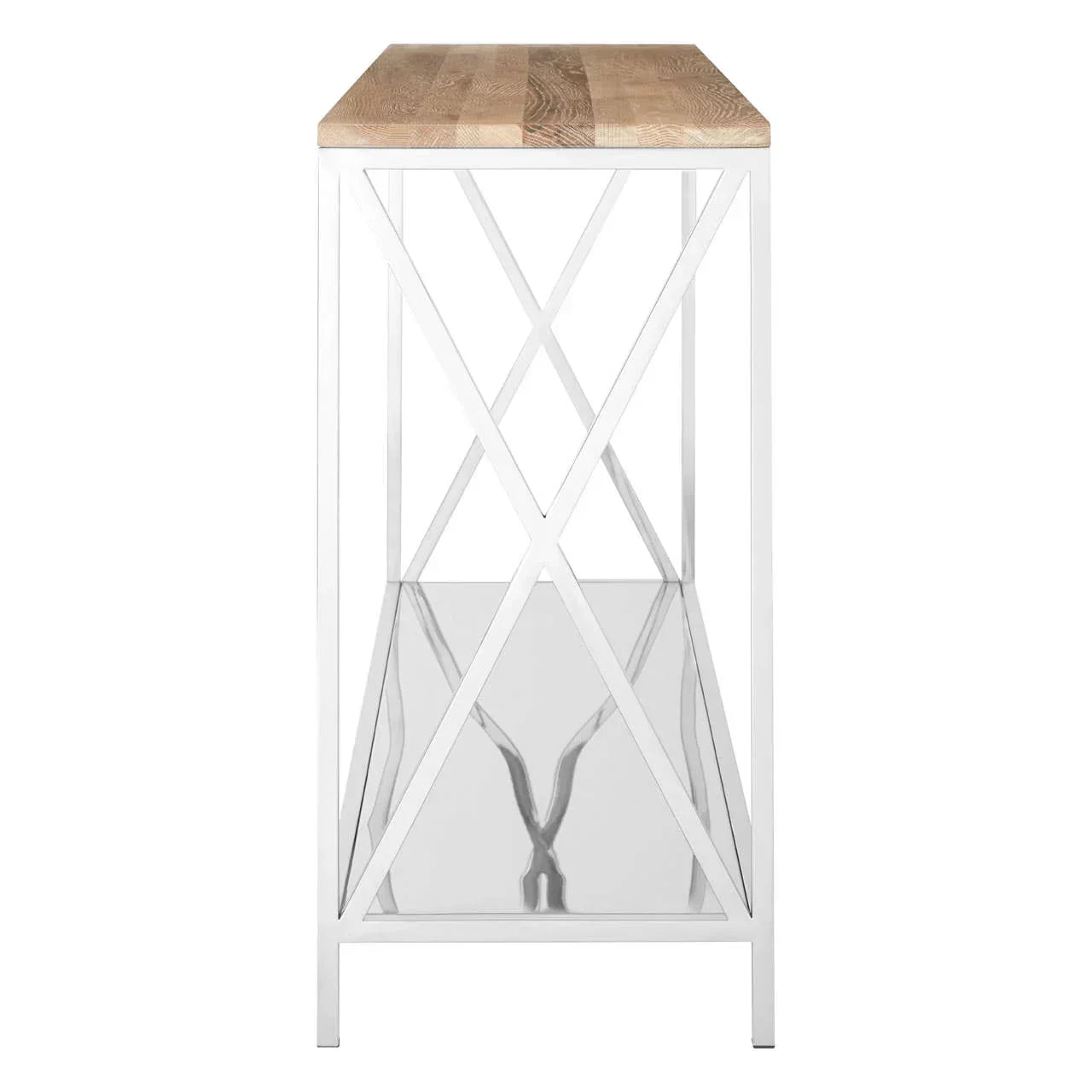 Side view of console table with light wood top and stainless steel frame