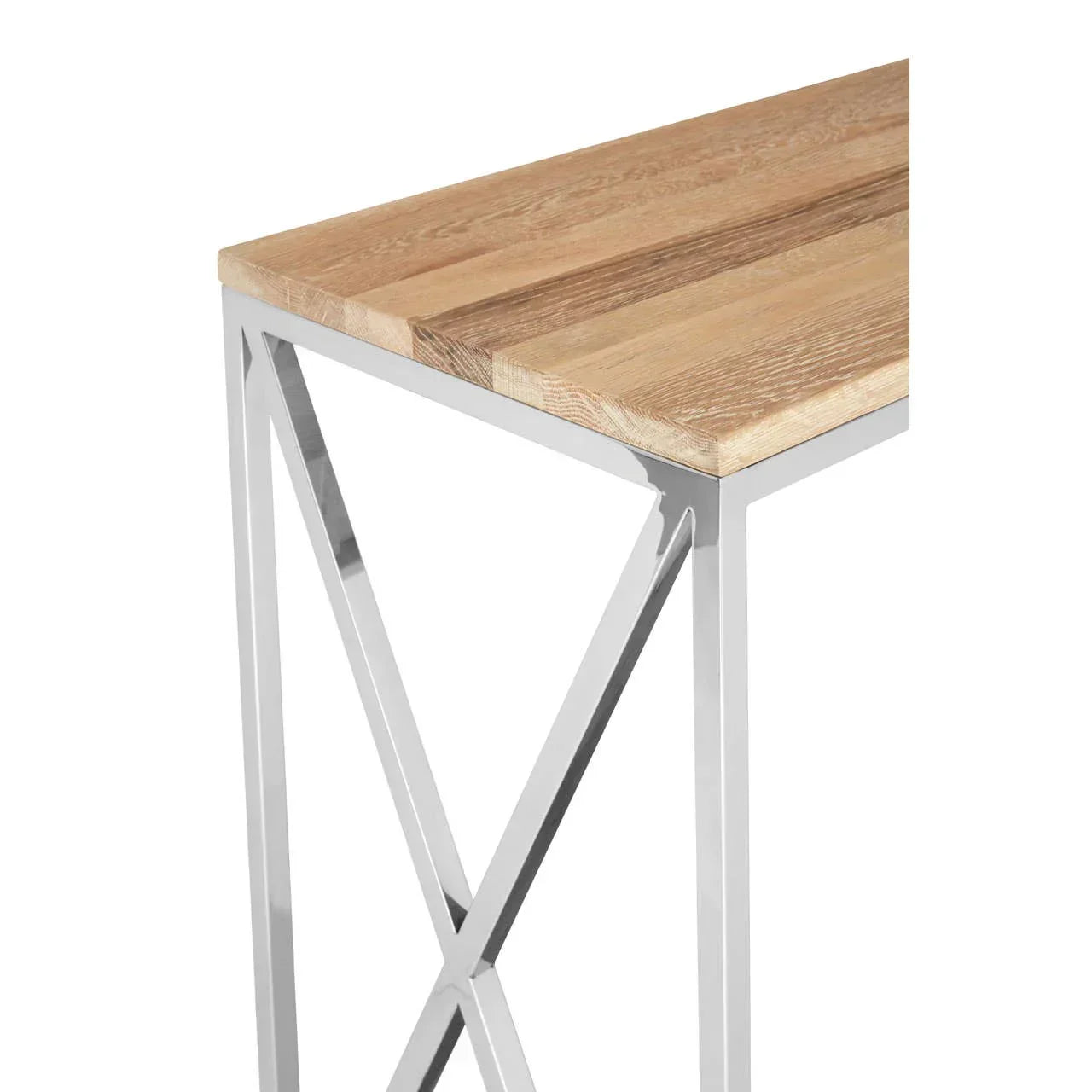 Oak top dining table with chrome metal legs and modern cross frame detail
