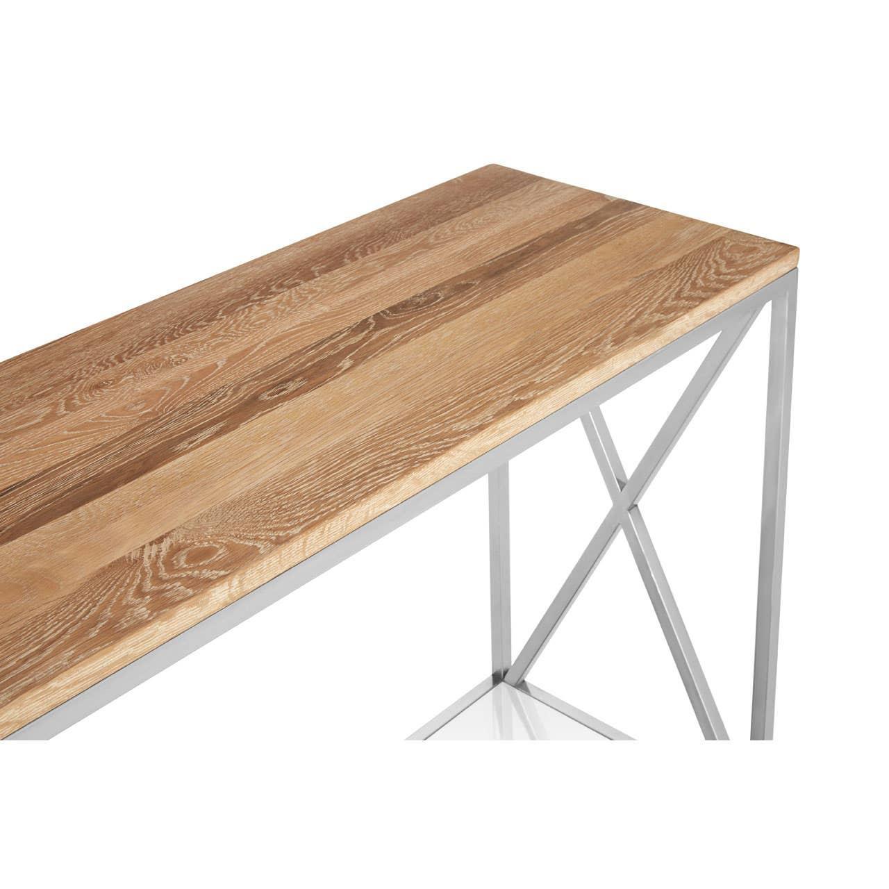 Oak console table with metal frame and crossed leg detail