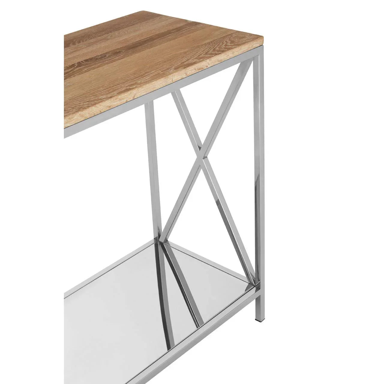 Console table with oak top and chrome metal frame, lower mirrored shelf, side angle view