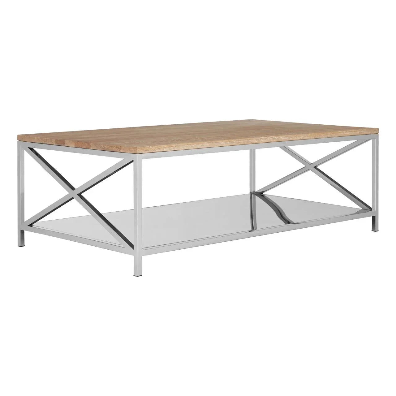 Rectangular coffee table with light wood top, chrome frame, and lower glass shelf