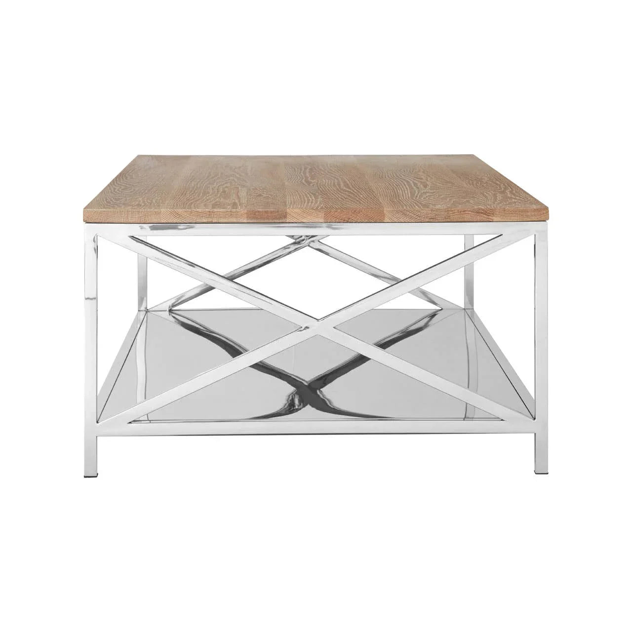Square coffee table with wooden top and chrome metal frame, front view