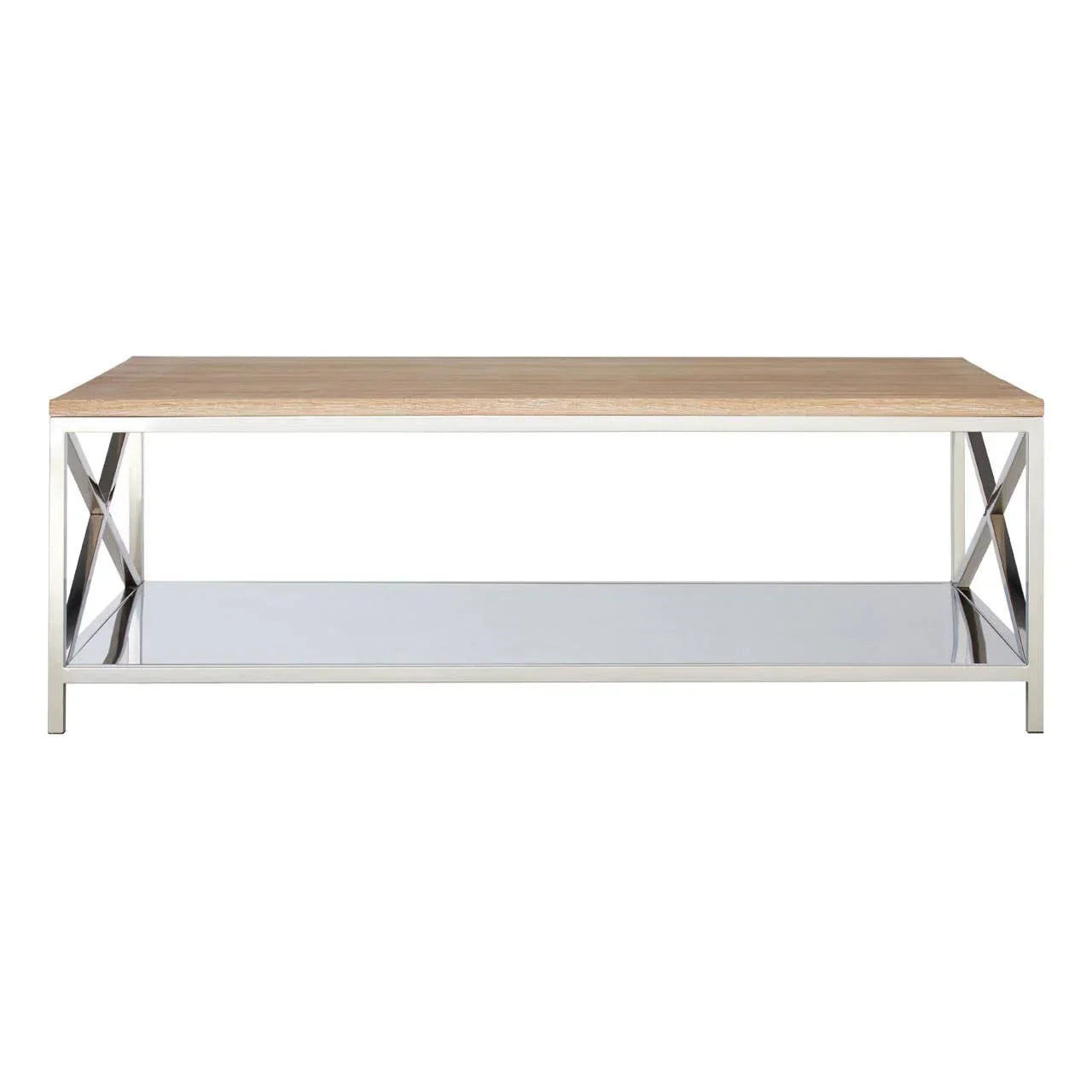 Rectangular coffee table with light wood top and chrome frame, mirrored lower shelf