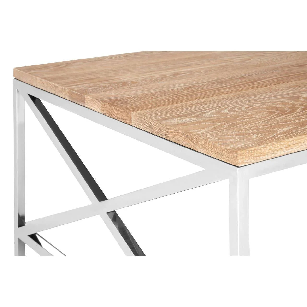 Wood dining table with chrome frame detail, close-up corner view of tabletop and legs