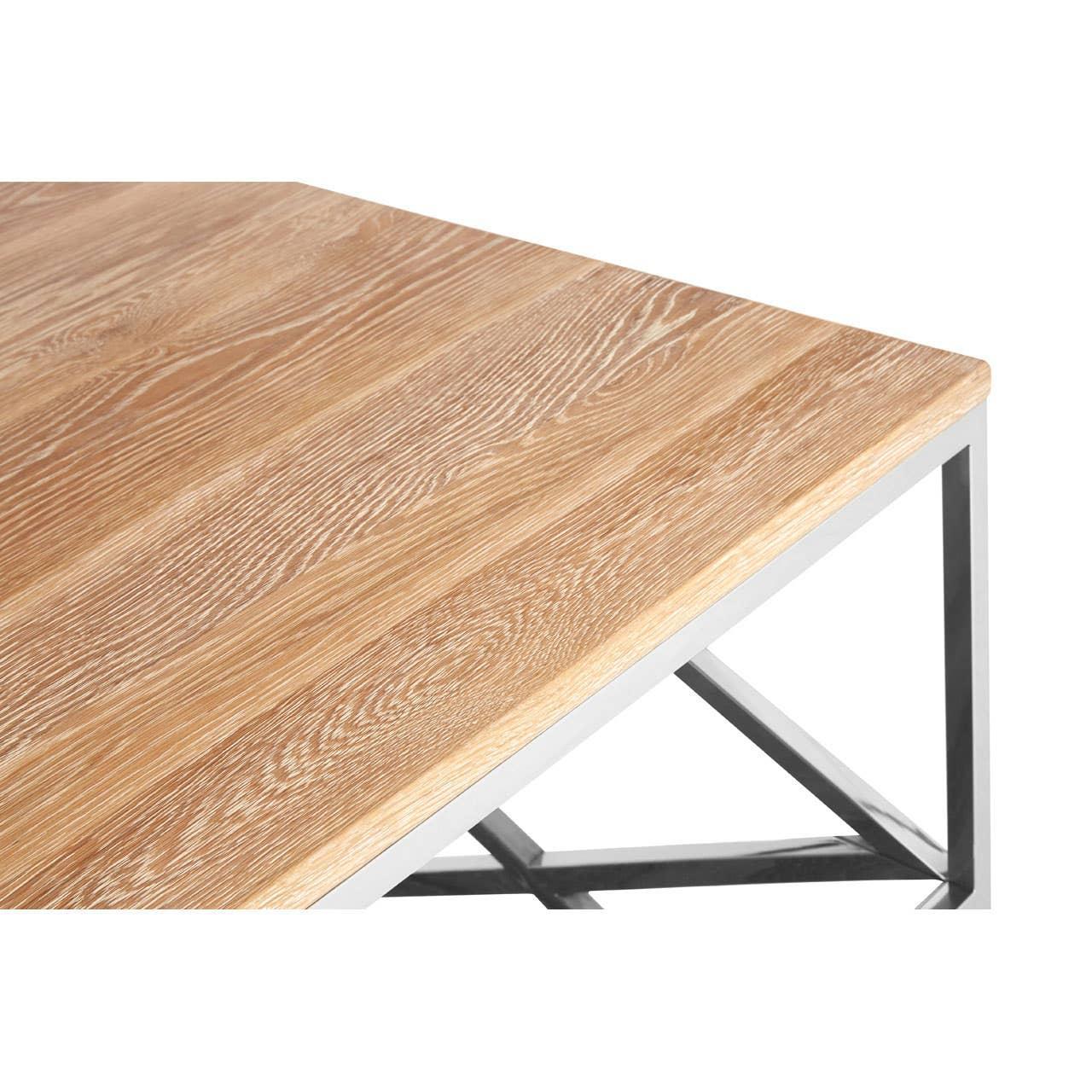 Oak wood dining table with metal frame, close view of tabletop and corner legs