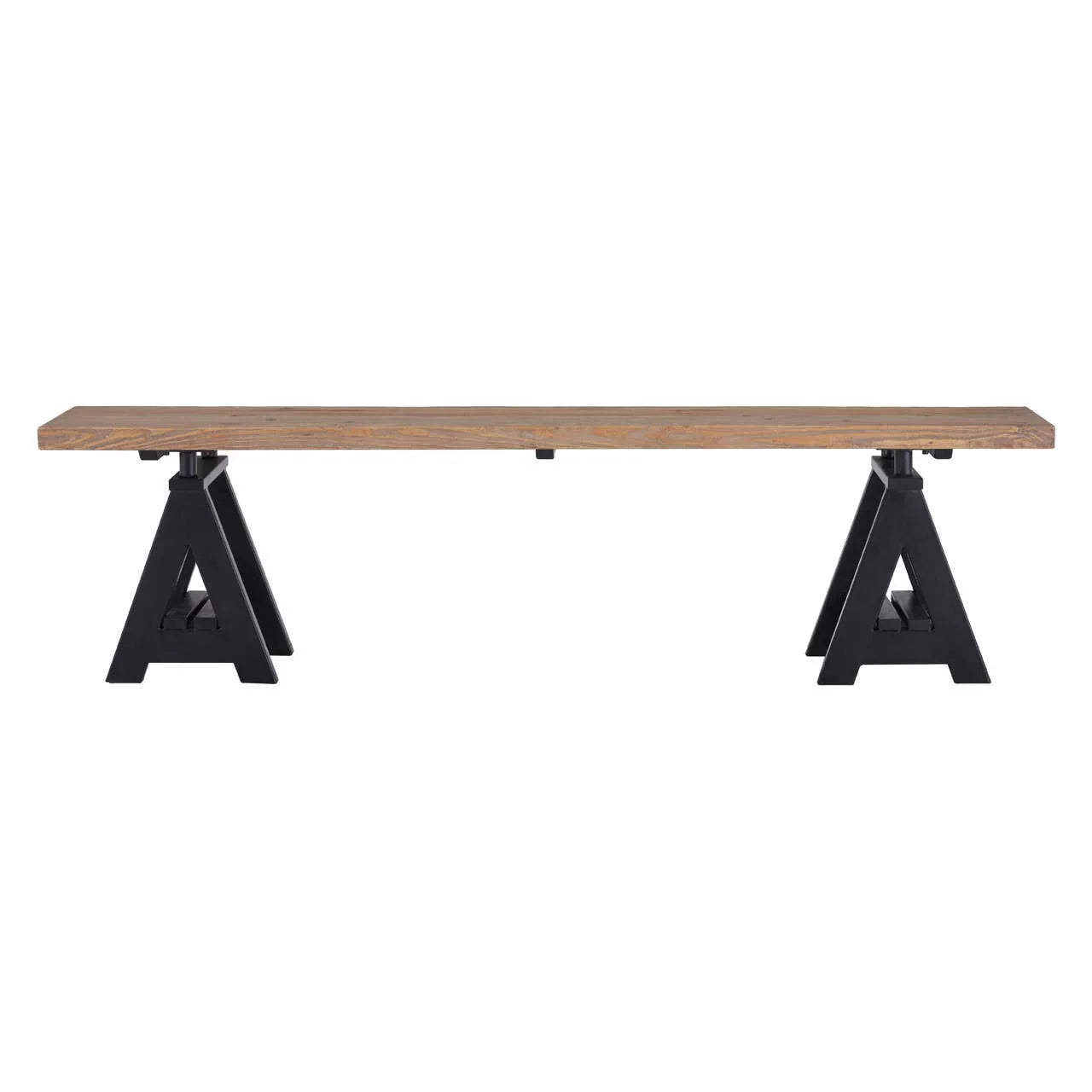 Industrial dining bench with wooden top and black metal A-frame legs, front view