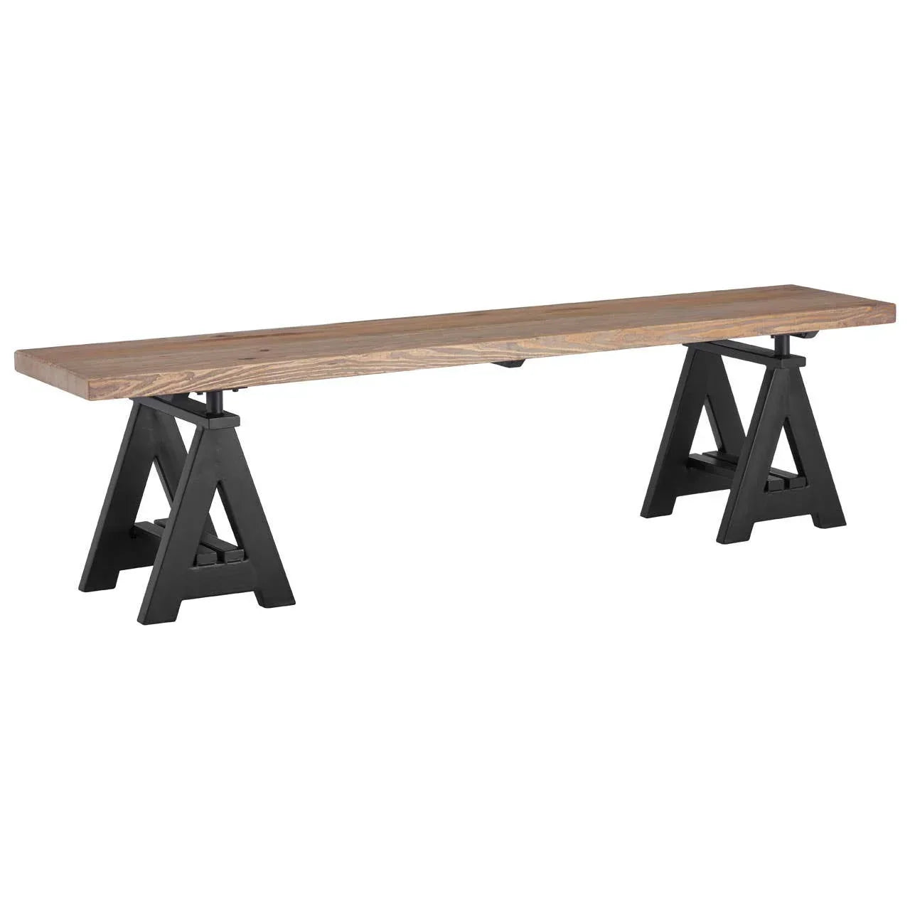 Industrial dining bench with wooden seat and black metal trestle legs