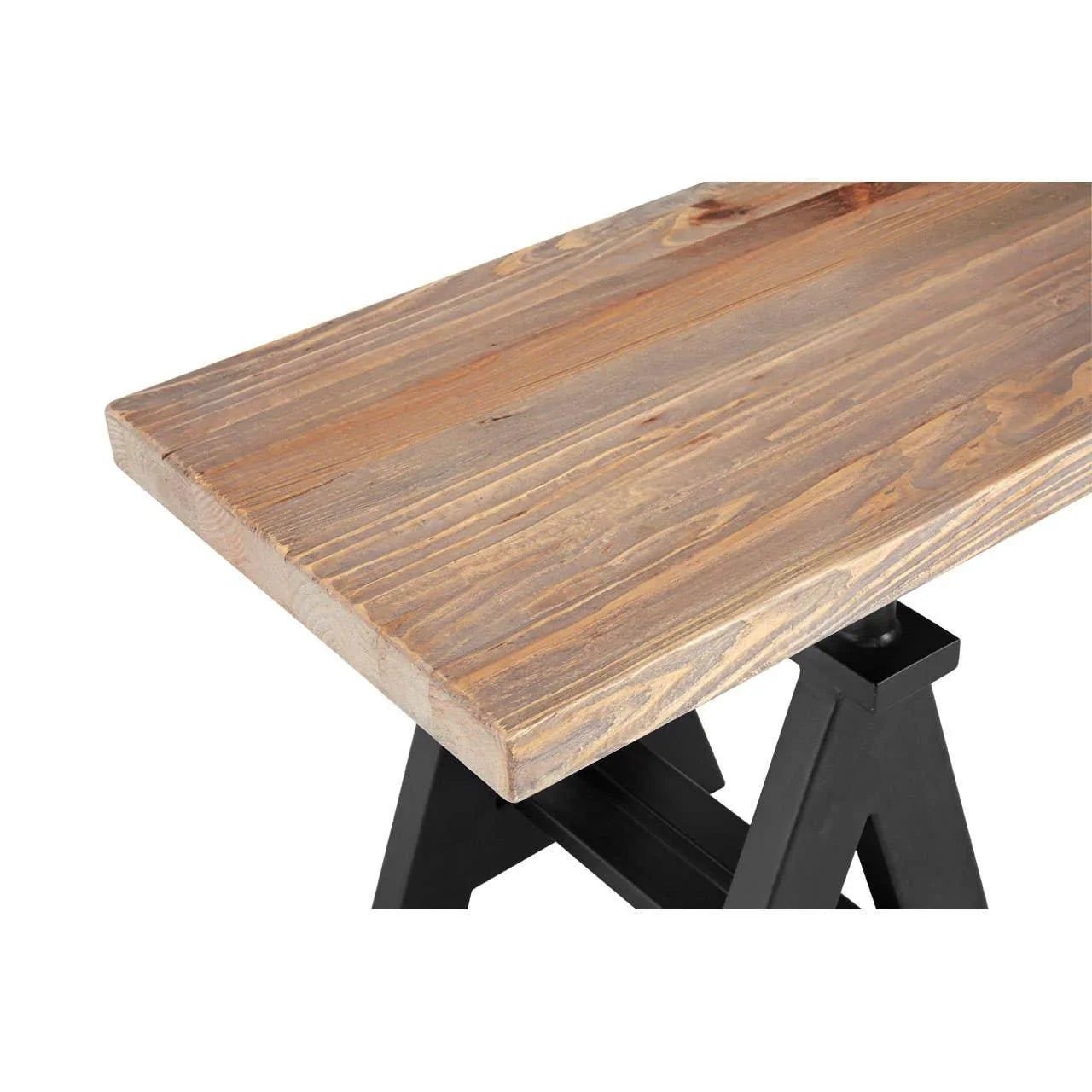 Rustic wood dining table top with black trestle legs, angled side corner view