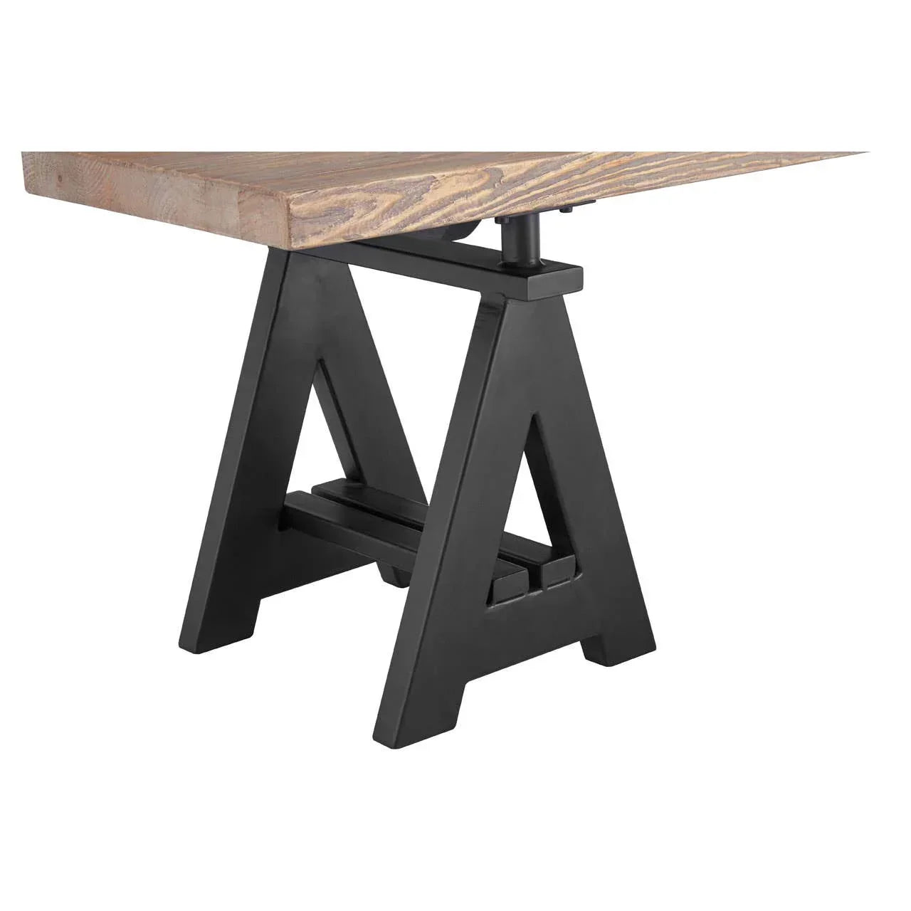 Industrial dining table with thick wood top and black metal A-frame legs, side angle view