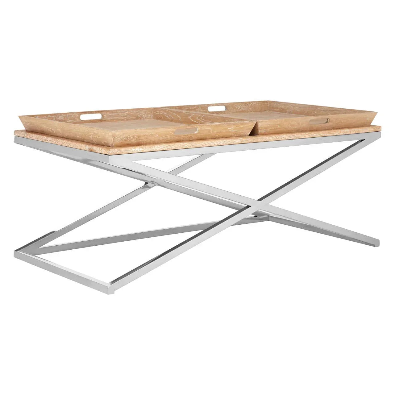 Contemporary coffee table with light wood tray top and crossed chrome metal legs