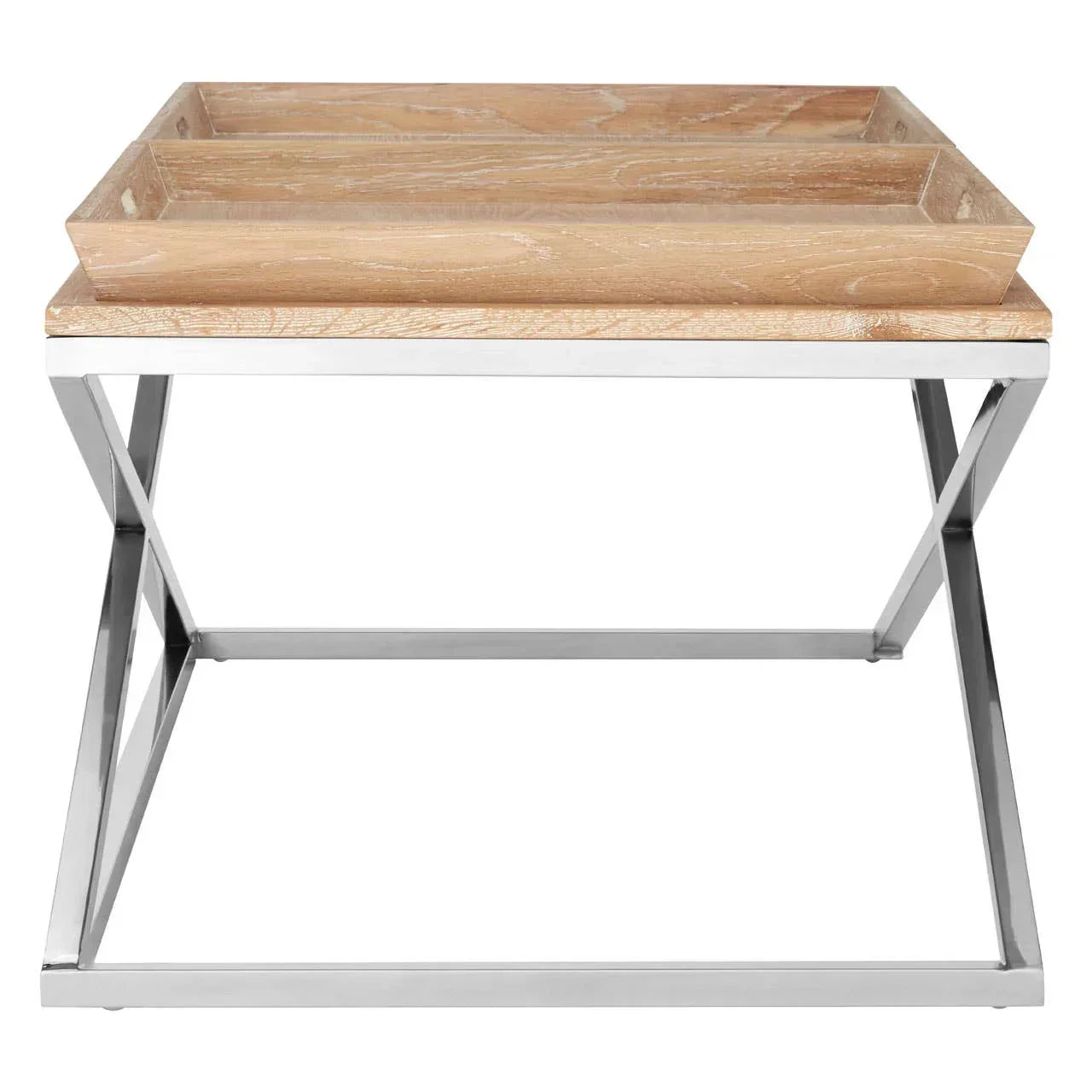 Rectangular wooden tray table with chrome metal frame, modern design, front view