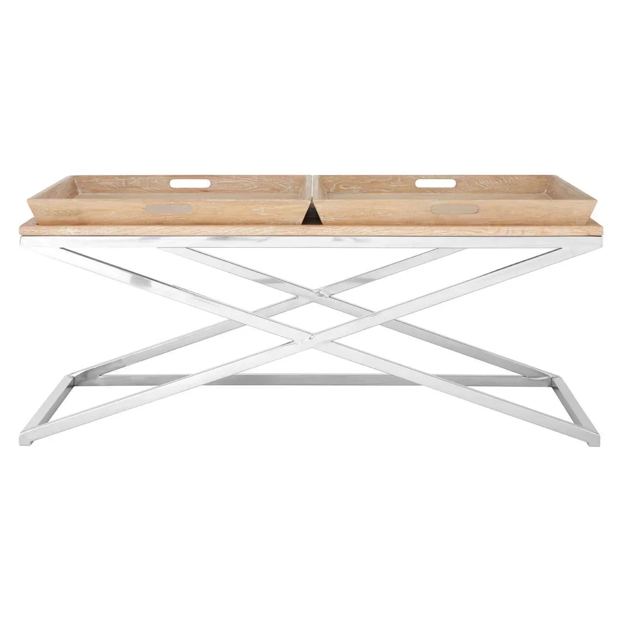 Modern console table with metal cross-frame base and two natural wood trays on top