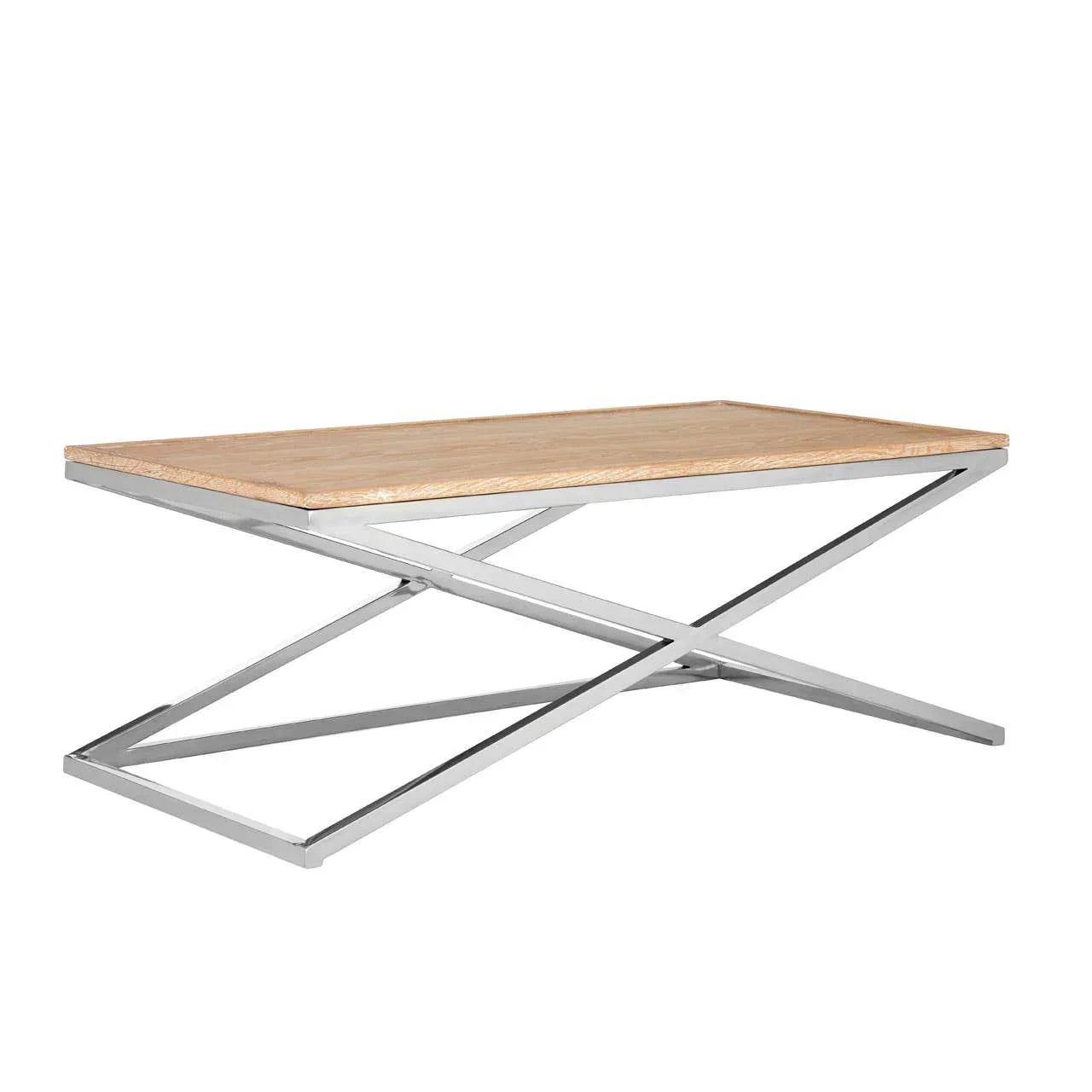 Modern coffee table with light wood top and crossed chrome metal legs