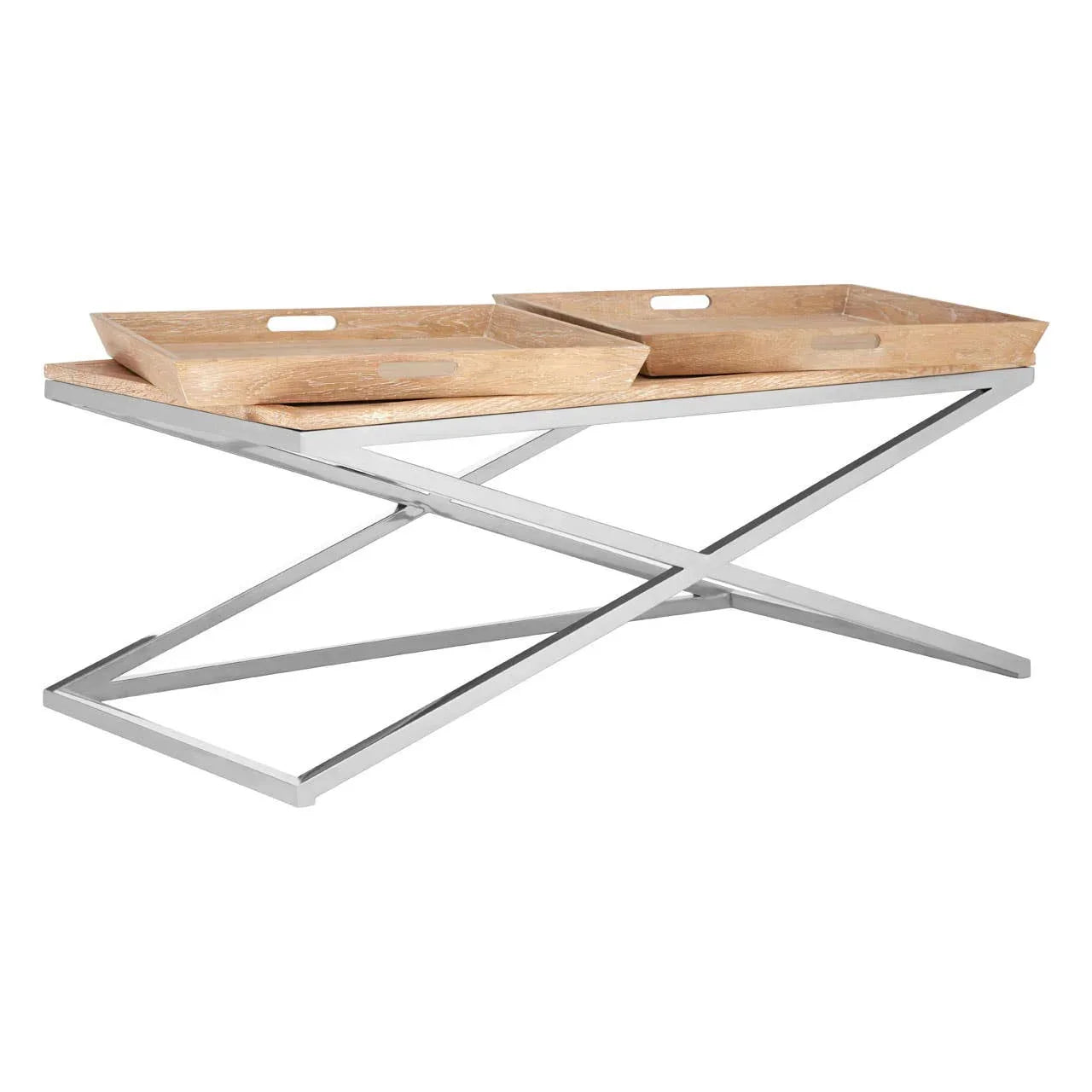 Rectangular coffee table with wooden trays and silver crossed metal legs