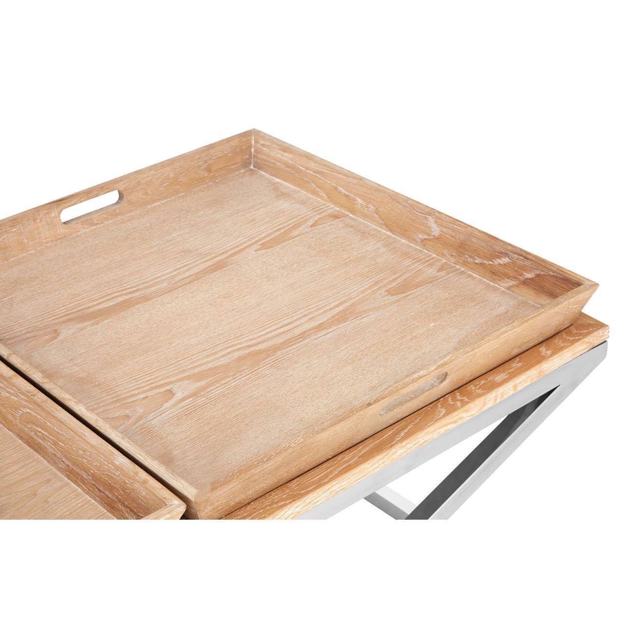 Oak wood tray table with cutout handles on metal frame, corner detail view