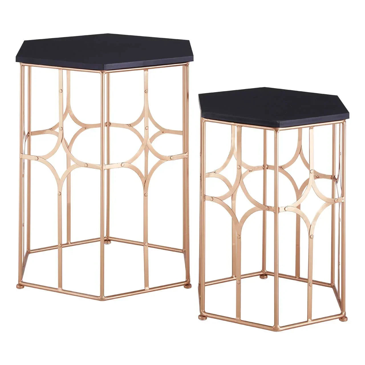 Hexagonal side tables with black tops and gold metal geometric frames, set of two