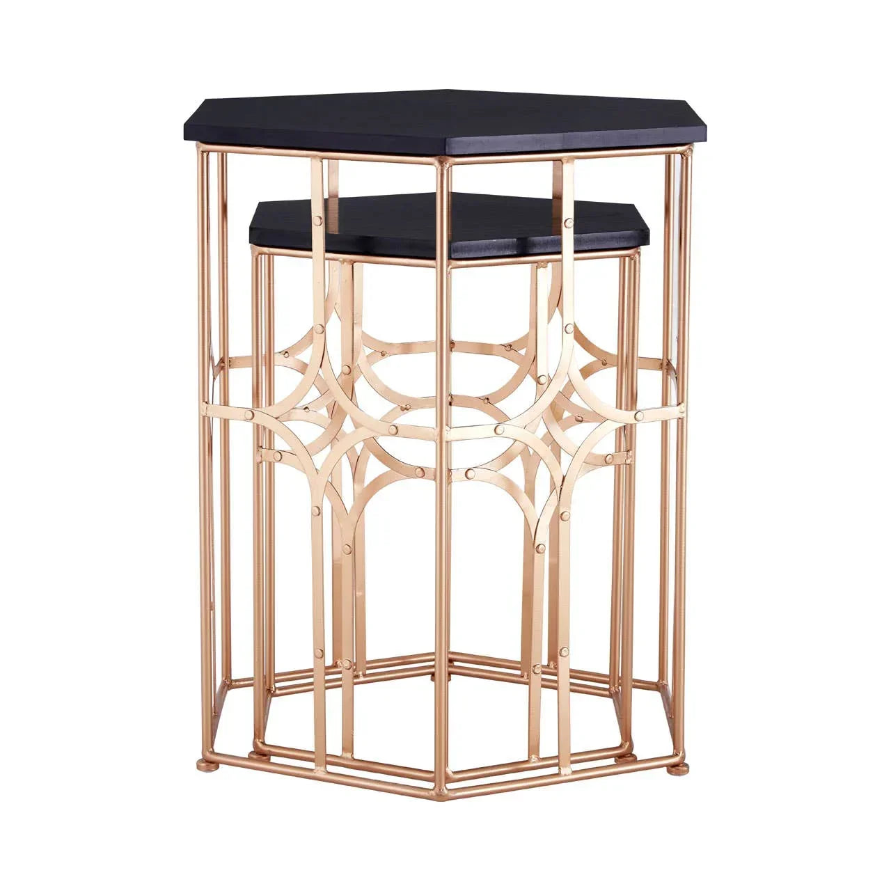 Hexagonal gold metal side table with black tabletop and decorative openwork frame