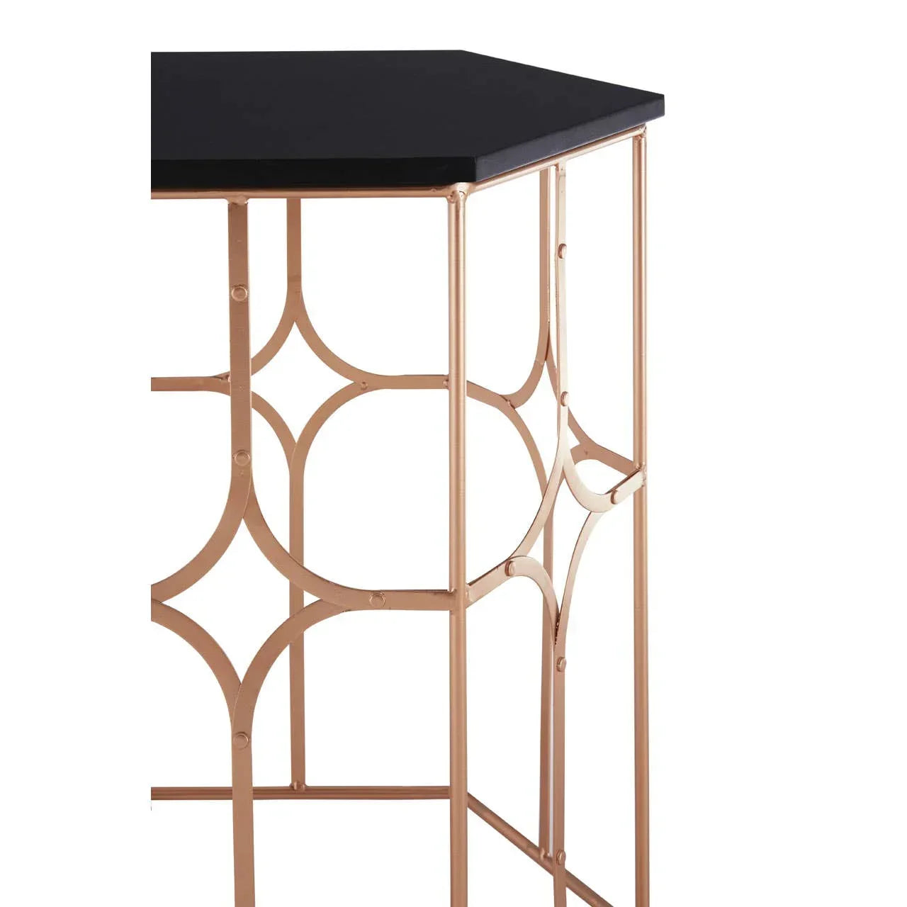 Hexagonal side table with black tabletop and gold geometric metal frame