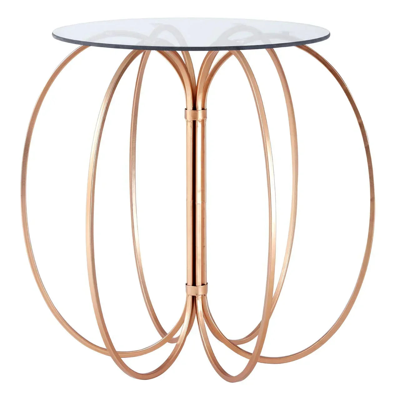 Round glass top side table with gold metal frame and open circular base design
