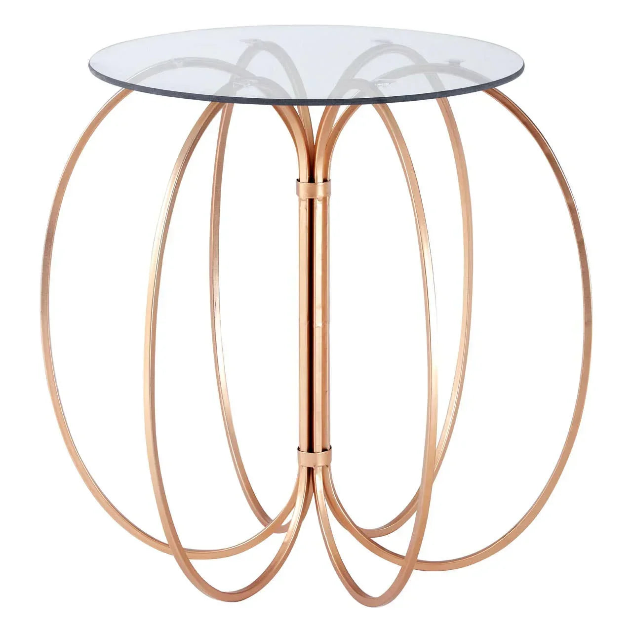 Round glass side table with gold metal frame and curved modern base design
