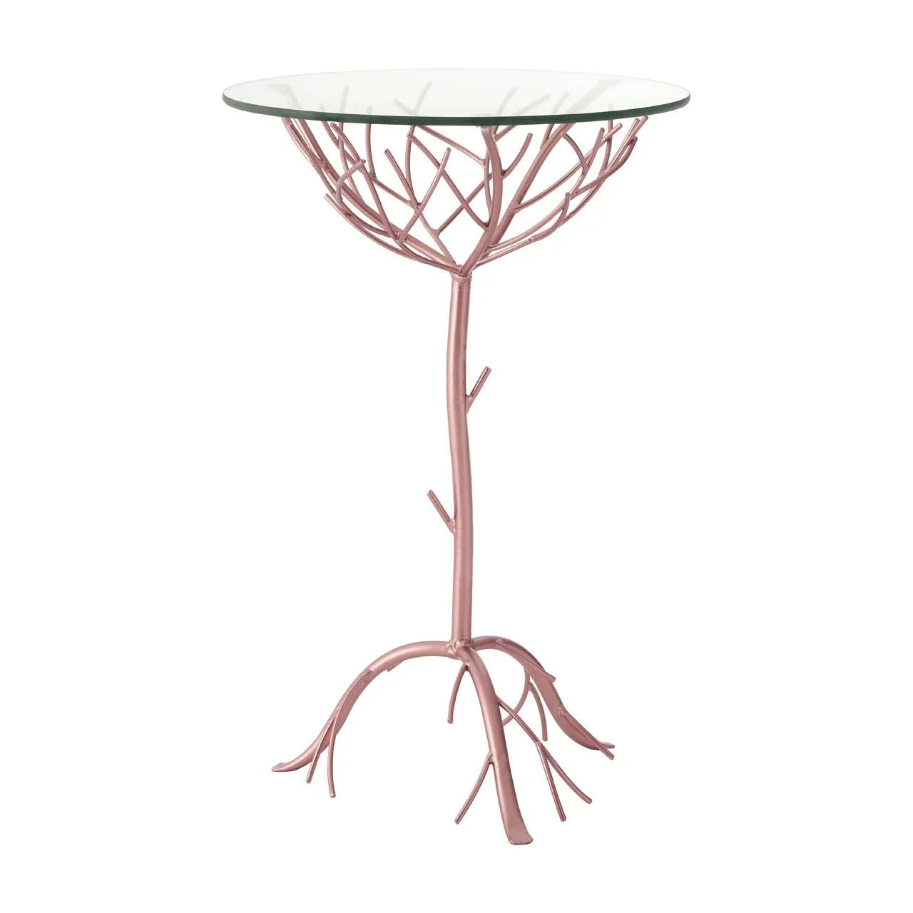 Glass top side table with pink metal frame resembling tree branches