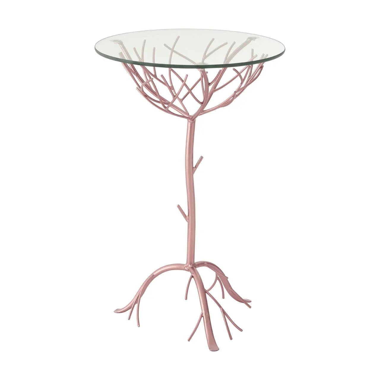 Round glass side table with pink metal tree branch base