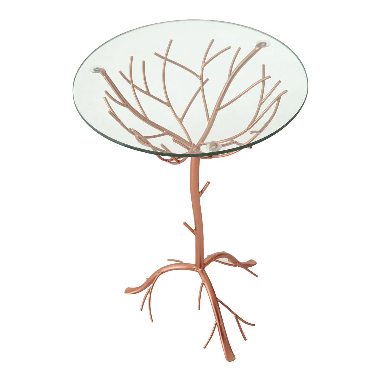 Round glass top side table with copper metal tree branch base