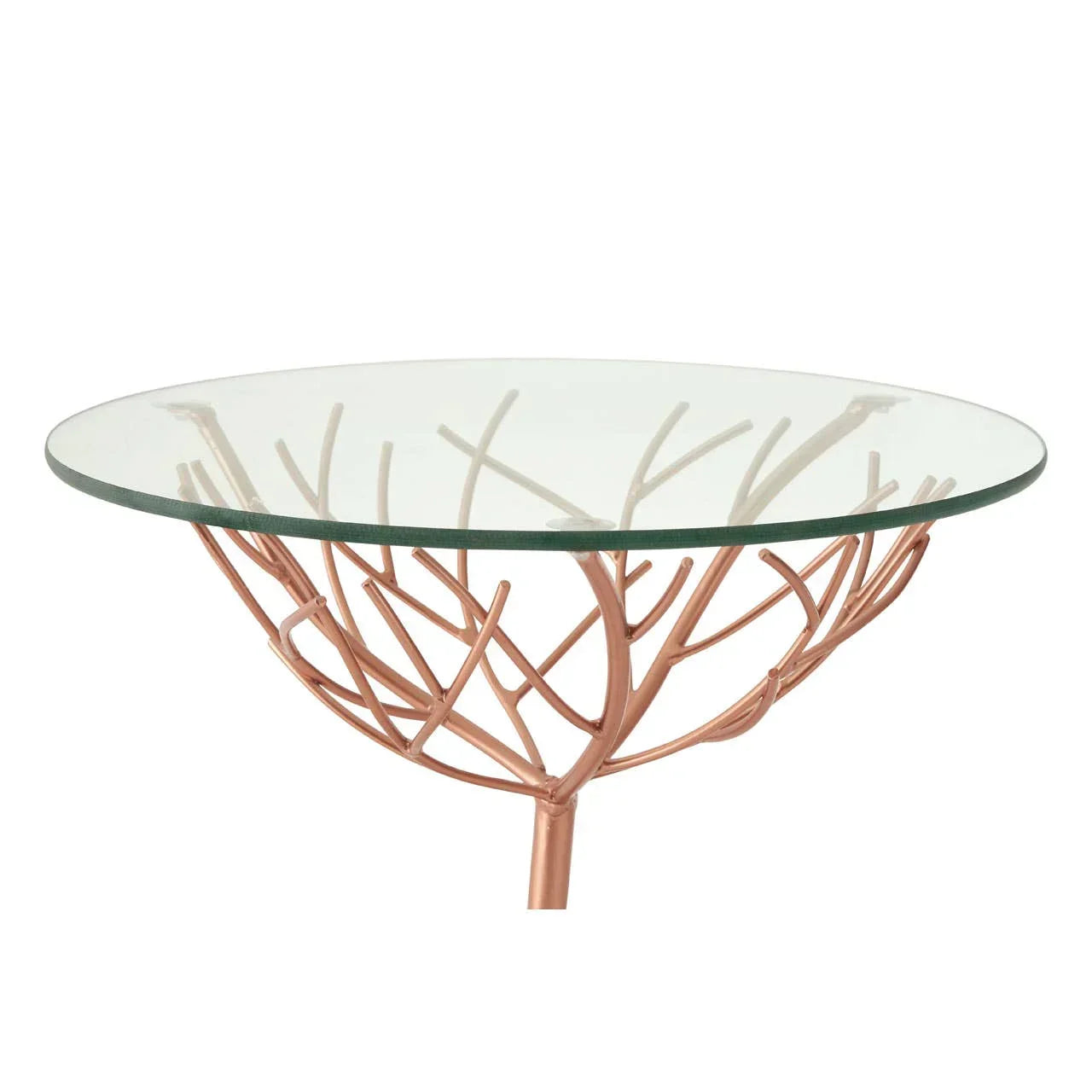 Round glass top side table with gold metal branch base