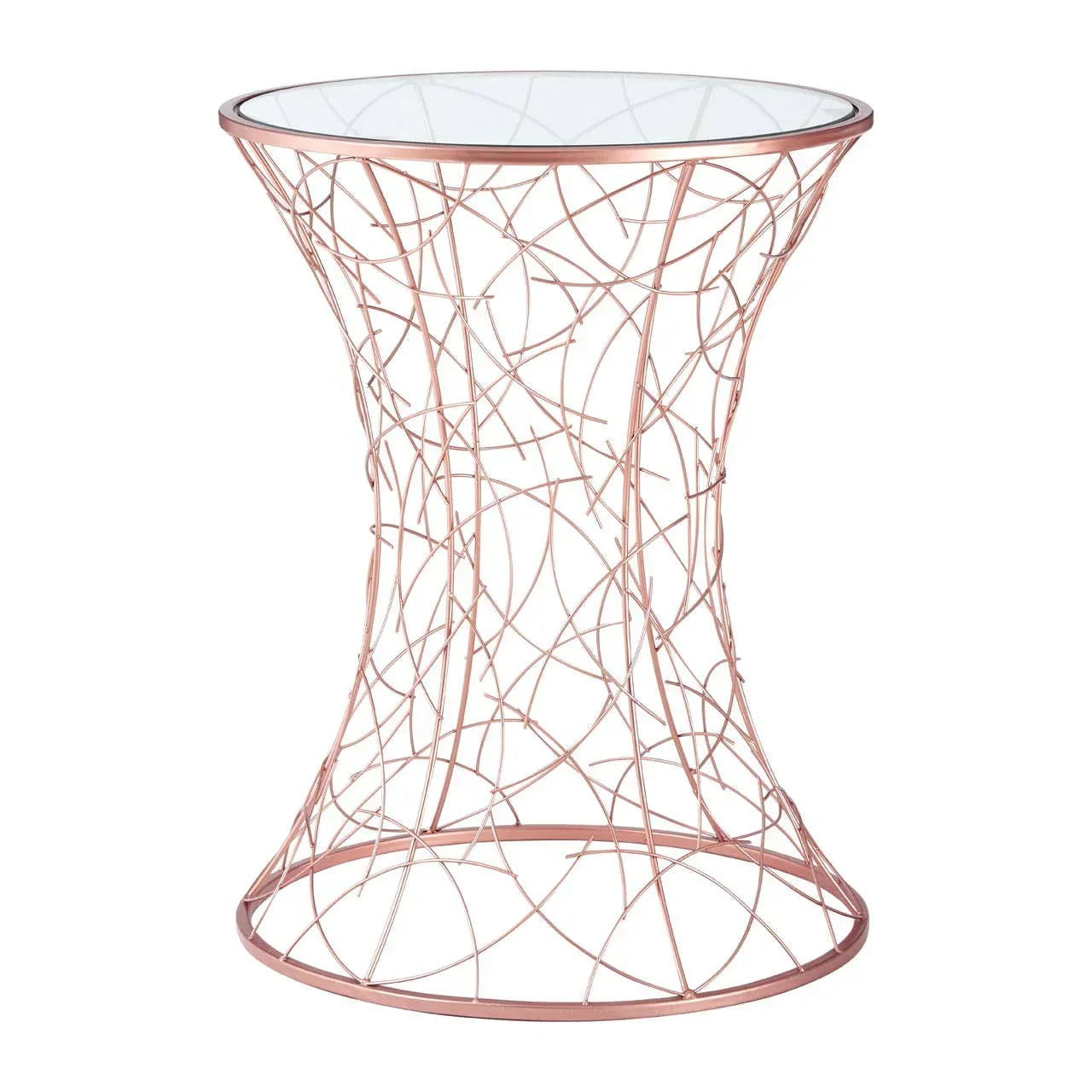 Round glass top side table with rose gold metal wire frame