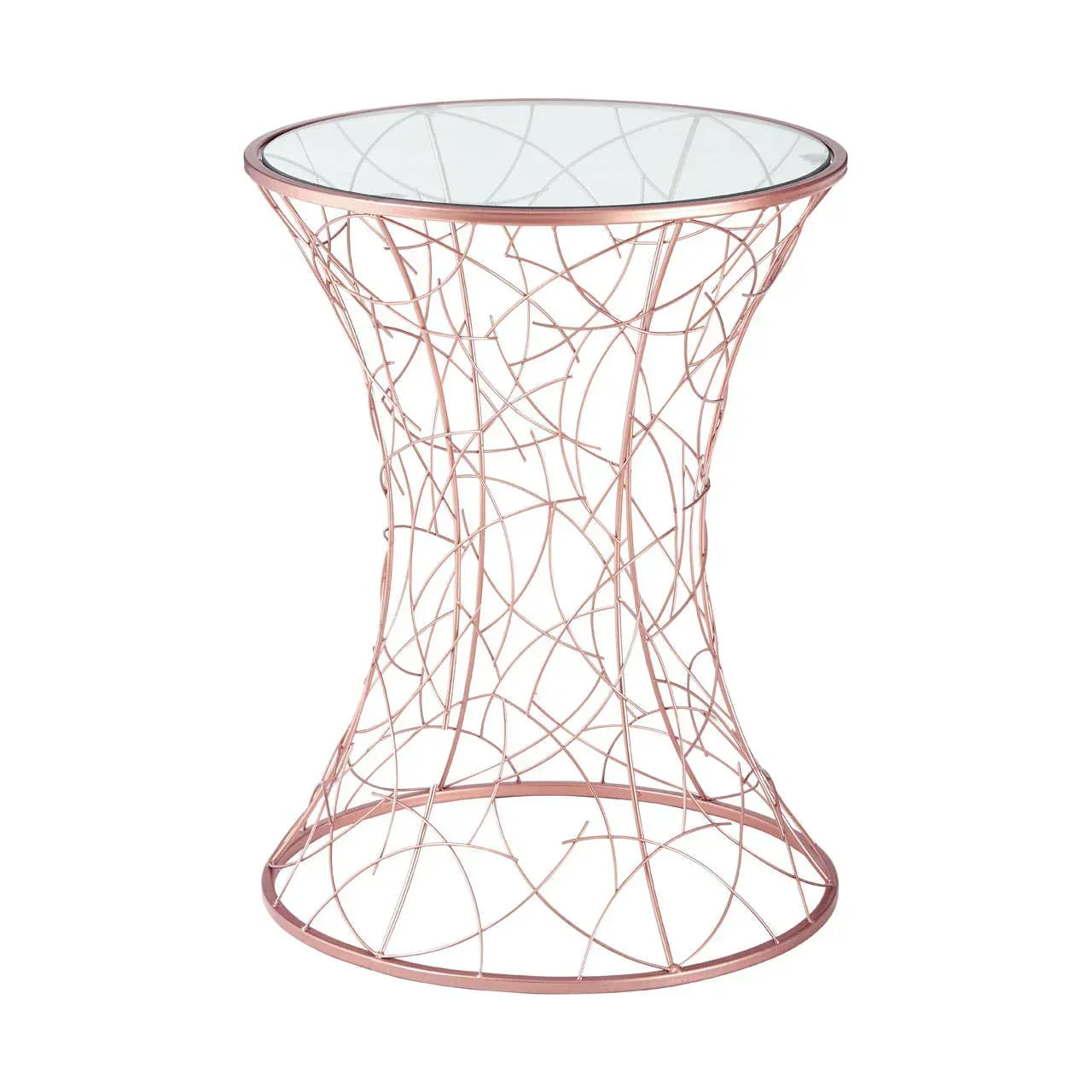 Round glass side table with rose gold metal wire base, modern accent furniture