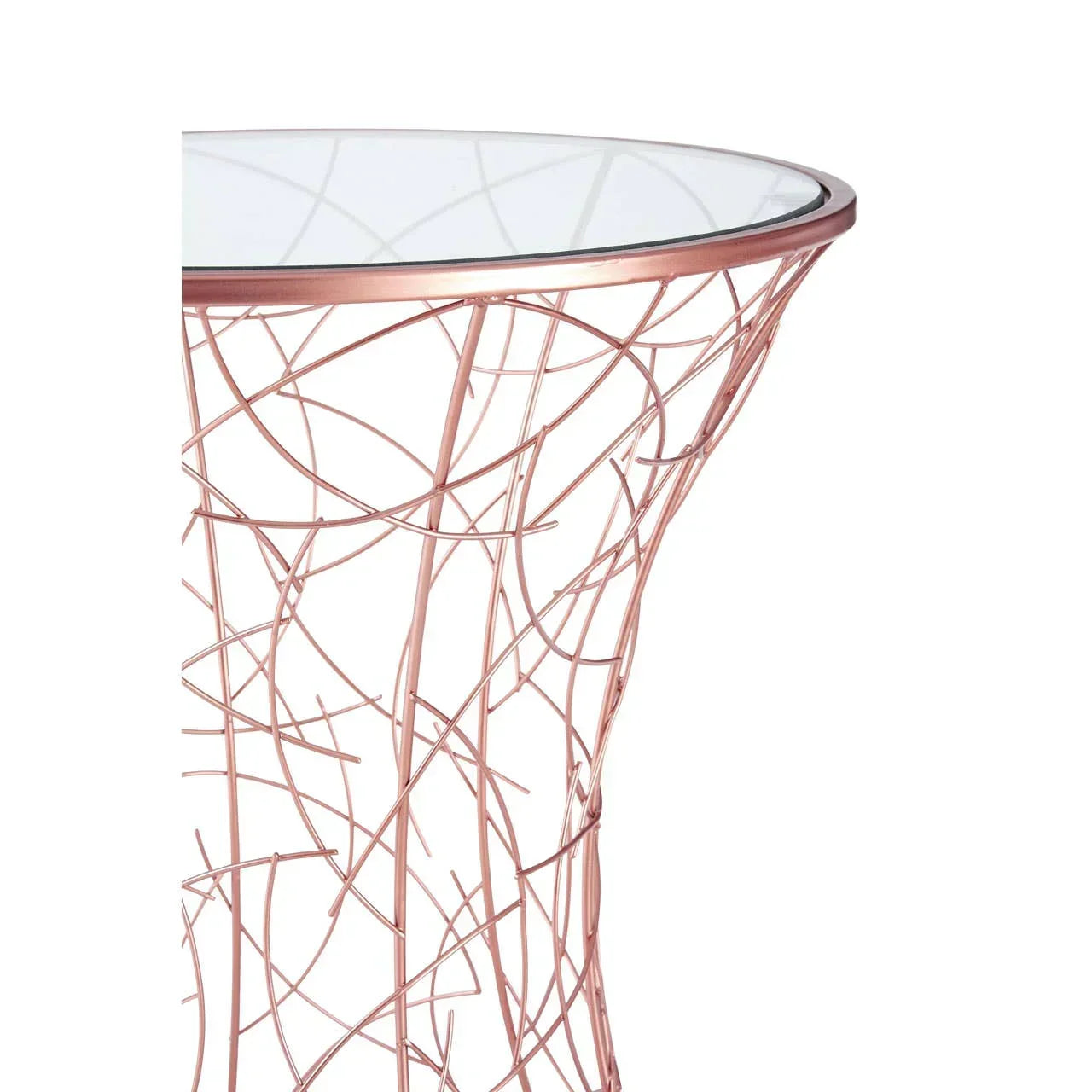 Round glass top side table with rose gold metal wire base, close-up view