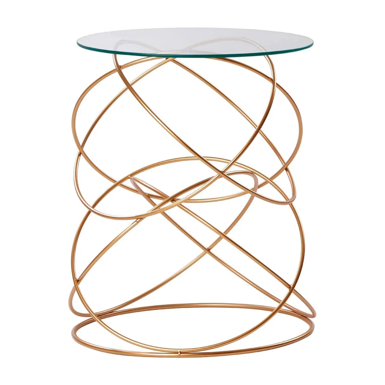Glass top side table with gold metal geometric wire base