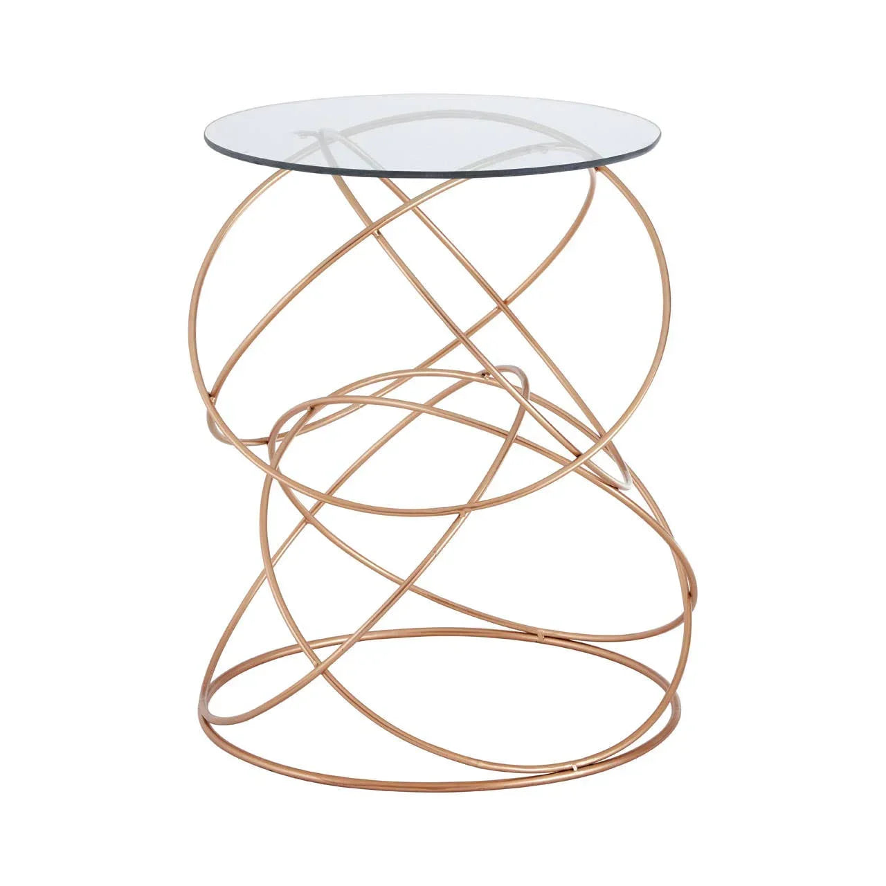 Round glass side table with gold metal wire base in modern geometric design