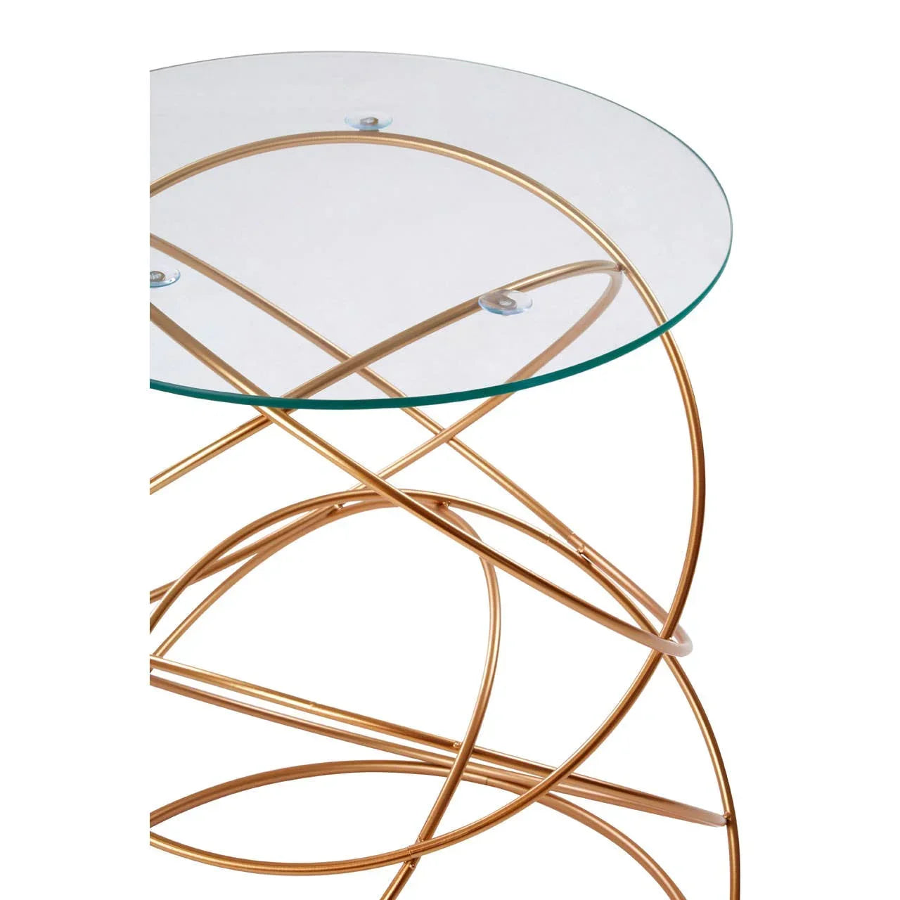Round glass side table with gold metal base and geometric frame detail