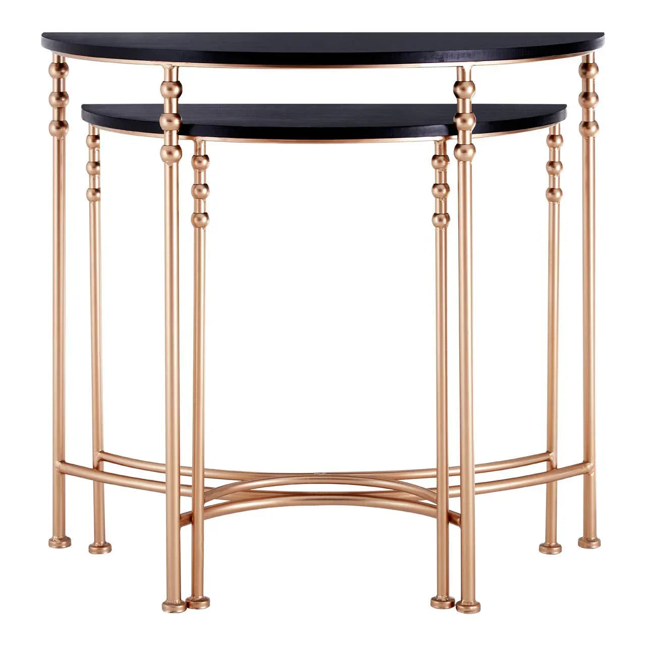 Black console table set with gold metal legs and semi-circular design